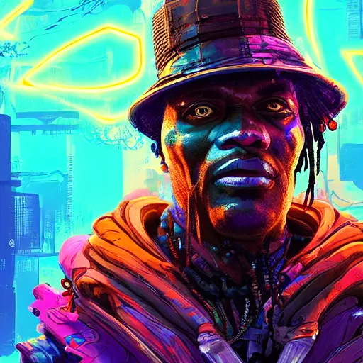 Prompt: papa legba, neon graffiti, Apex Legends character digital illustration portrait design, by android jones and greg rutkowski in a cyberpunk voodoo style, retrowave color scheme, detailed, cinematic lighting, wide angle action dynamic portrait