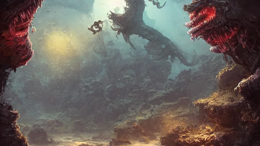 Image similar to An diver is under the sea, he has a treasure with him, he is swimming away from the giant Ryūjin that is behind hunting him, this is an extravagant planet with wacky wildlife and some mythical animals, the background is full of ancient ruins, the ambient is dark with a terrifying atmosphere, by Jordan Grimmer digital art, trending on Artstation,