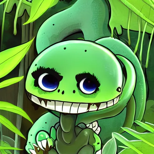 Image similar to an adorable chibi green dinosaur in a verdant primordial jungle, digital art, trending on artstation