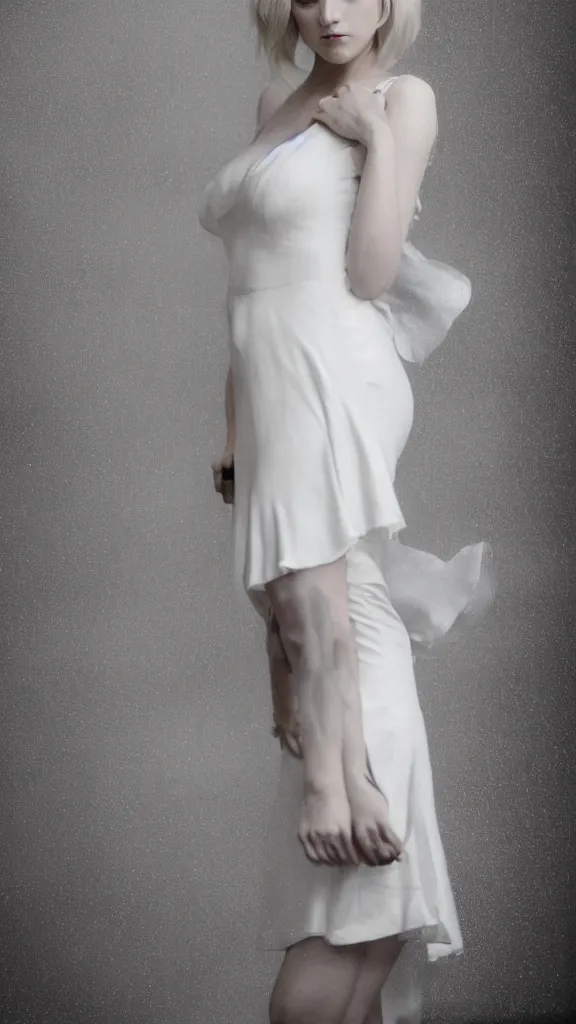 Prompt: studio photo of gorgeous emily skinner cosplaying annie leonhart wearing heels and wearing elegant white dress in a white room looking up, beautiful face, pale skin, rule of thirds, cinematic lighting, rainy weather, melancholy atmosphere, sharp focus, backlit, stunning, smooth, hard focus, full body shot, studio photo, shot on sony a 7 iii, hyper realistic,