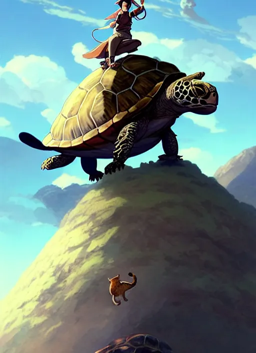 Image similar to character portrait of The tallest mountain topped by a cat riding a gigantic turtle, with another cat riding a large turtle atop the mountain. By Greg Rutkowski. cute beautiful attractive detailed. Character design by charlie bowater, ross tran, artgerm, and makoto shinkai, detailed, inked, western comic book art