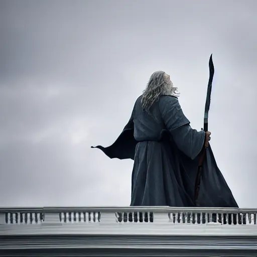 Image similar to gandalf attacks the white house, ( eos 5 ds r, iso 1 0 0, f / 8, 1 / 1 2 5, 8 4 mm, postprocessed, crisp face, facial features )