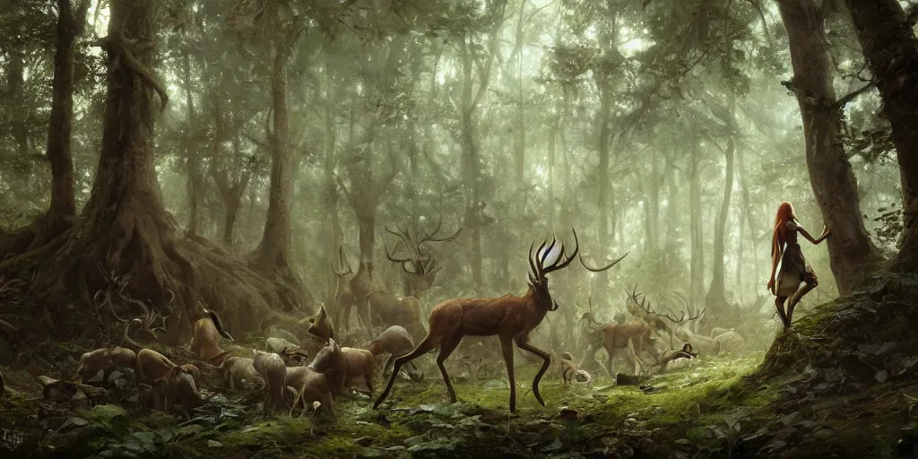 Prompt: 'wood-elf surrounded by animals in the woods, art by Greg Rutkowski, 4k'