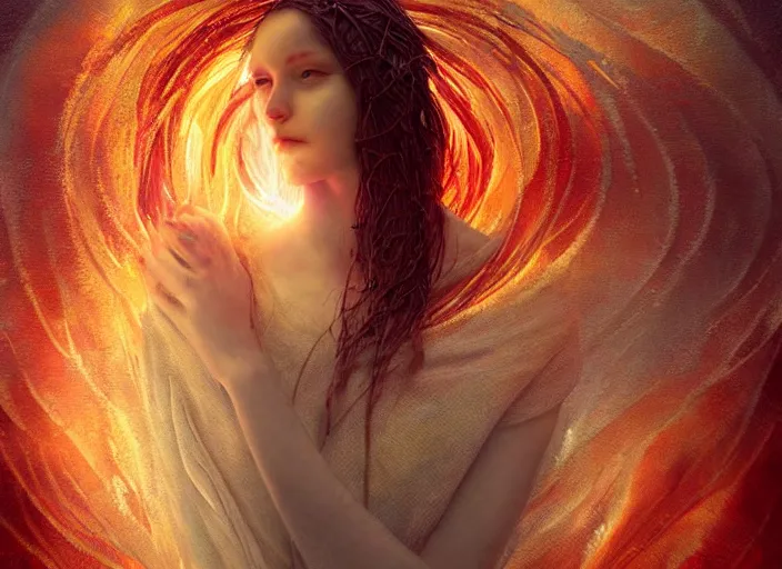 Prompt: ocean of canvas catching fire, beautiful face, magical, emotional, concept art, art nouveau, inspired by reylia slaby, peter gric, volumetric lighting, intricate, ornate