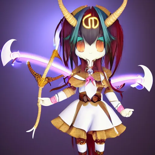 Image similar to cute fumo plush of a goat girl with horns, anime girl, tribal outfit with intricate celtic knot patterns, golden pauldrons, gothic maiden, artstation, vray