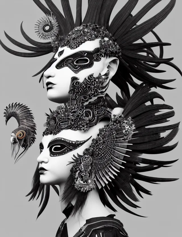 Image similar to 3 d goddess close - up profile portrait punk with mohawk with ram skull. beautiful intricately detailed japanese crow kitsune mask and clasical japanese kimono. betta fish, jellyfish phoenix, bio luminescent, plasma, ice, water, wind, creature, artwork by tooth wu and wlop and beeple and greg rutkowski