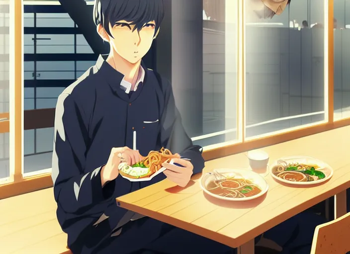 Image similar to anime visual, full body illustration a young man having lunch at a ramen stand, handsome face by ilya kuvshinov, yoshinari yoh, makoto shinkai, katsura masakazu, dynamic perspective pose, detailed facial features, kyoani, rounded eyes, crisp and sharp, cel shad, anime poster, ambient light,