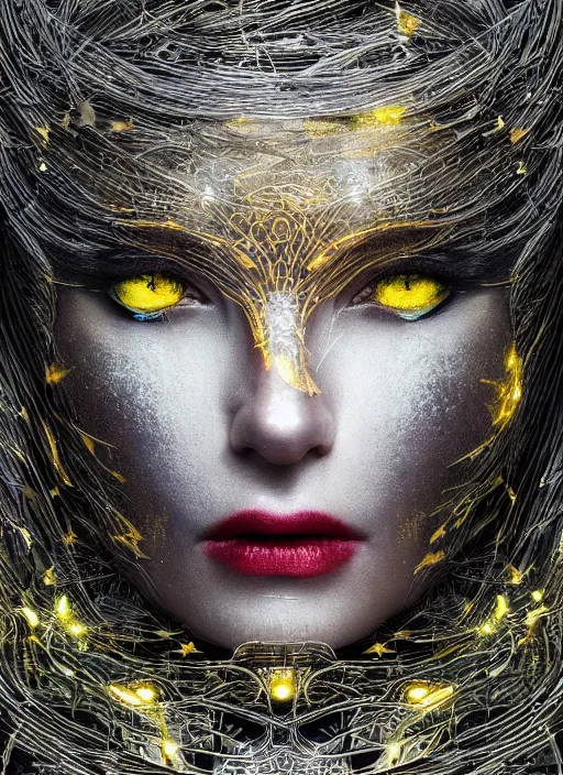 Image similar to glowing silver and golden elements, full close-up portrait, dark witch from shutterstock, book cover, green forest, white moon, red lips, establishing shot, extremly high detail, photo-realistic, cinematic lighting, pen and ink, intricate line drawings, by Yoshitaka Amano, Ruan Jia, Kentaro Miura, Artgerm, post processed, concept art, artstation, matte painting, style by eddie, raphael lacoste, alex ross