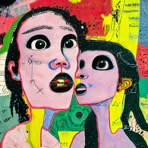 Image similar to beautiful painting of two bizarre psychedelic women kissing each other closeup on an alien planet, speculative evolution, mixed media collage by basquiat and junji ito, magazine collage art, paper collage art, sapphic art, lesbian art