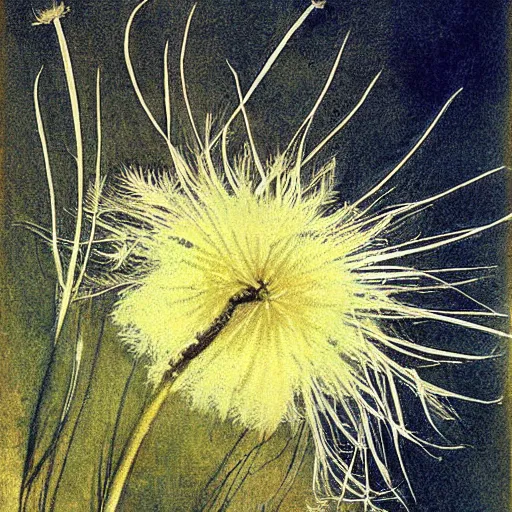 Image similar to a beautiful fairytale painting of a dandelion seed that is also a fluffy fairy. the dandelion seed is the body of the fairy. beautiful clear painting by arthur rackham