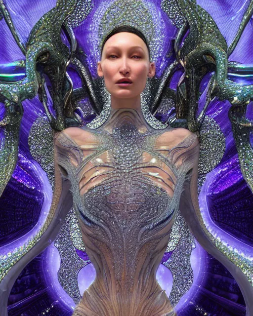 Image similar to a highly detailed metahuman 4 k close up render of an alien goddess bella hadid as alex grey art in iris van herpen dress schiaparelli in diamonds crystals swarovski and jewelry iridescent in style of alphonse mucha gustav klimt trending on artstation made in unreal engine 4