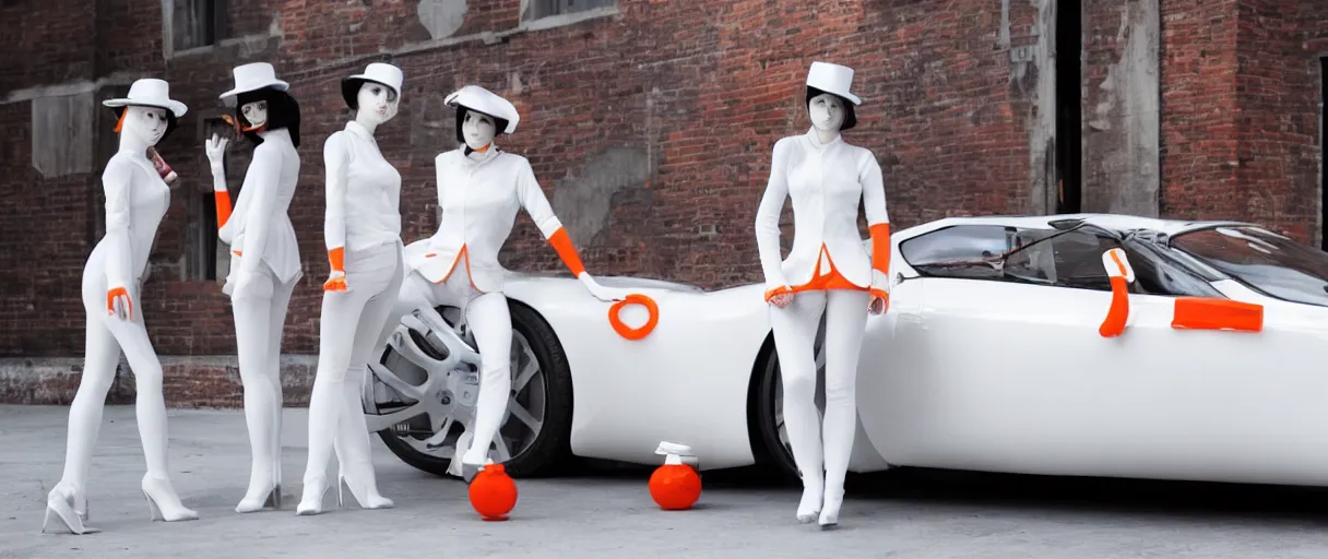 Image similar to a wide angle shot of a clockwork orange female droog gang, beautiful soft features, designed by artgerm and a red pininfarina sportscar in the background hdr, 8 k, hyperrealistic, volumetric lighting