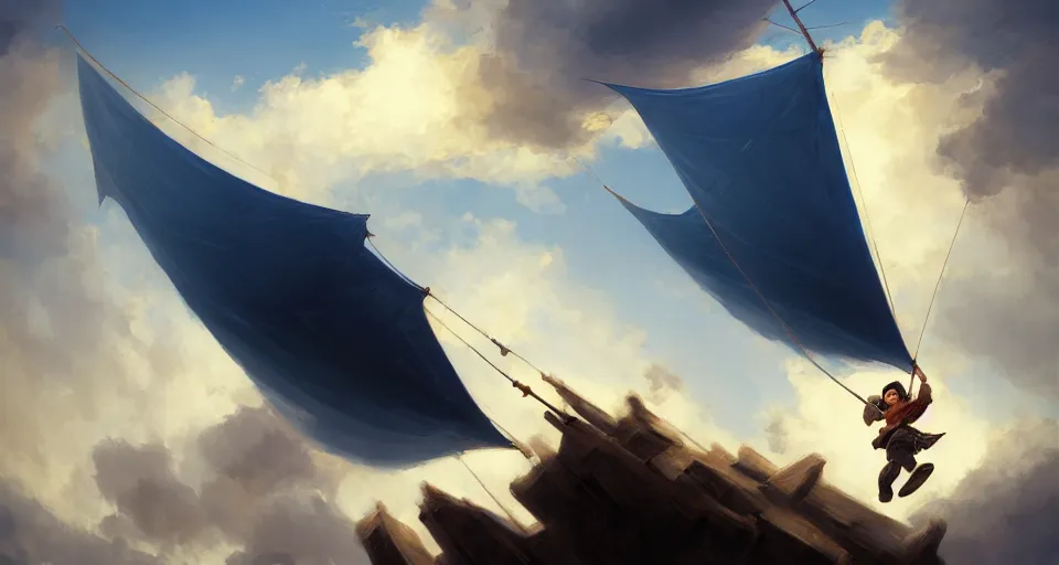 Image similar to a boy being thrown off of a large wooden fantasy sky - ship with horizontal sails flying through the clouds with blue sky, andreas rocha style