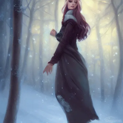 Prompt: a painting of a woman in a snowy forest, a digital painting by Charlie Bowater, featured on cgsociety, fantasy art, detailed painting, artstation hd, ilya kuvshinov