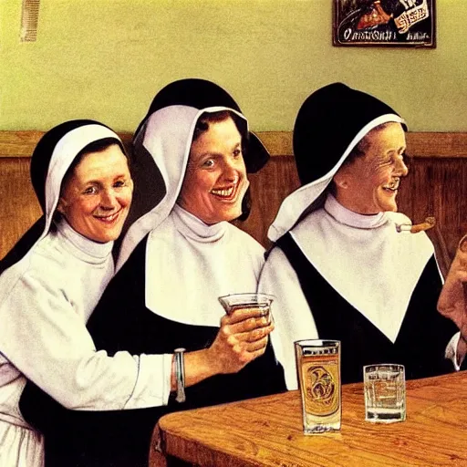 Prompt: a group of nuns enjoying themselves at an adult bar, low light, whiskey bottles, by Norman Rockwell