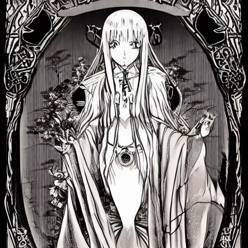 Image similar to precisely drawn illustration of anime spooky high priestess of an earth goddess, old-fashioned tarot card, victorian playing card, sepia tone, wide angle, sharp, fine details, anime, manga, cyberpunk, intense line art, 8k, precise linework, realistic, shaded lighting by katsuhiro otomo ghost-in-the-shell, magali villeneuve, artgerm, rutkowski Jeremy Lipkin and Giuseppe Dangelico Pino and Michael Garmash and Rob Rey