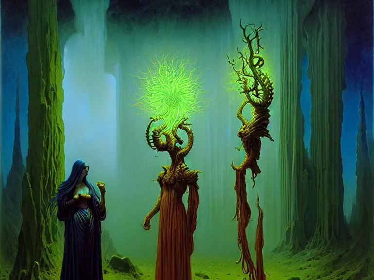 Image similar to the female arcanist and the male artificer by albert bierstadt and gerald brom and zdzisław beksinski and james gilleard, highly detailed, hyperrealistic, intricate, floating metallic objects, blue flames, low light, glowing green crystals