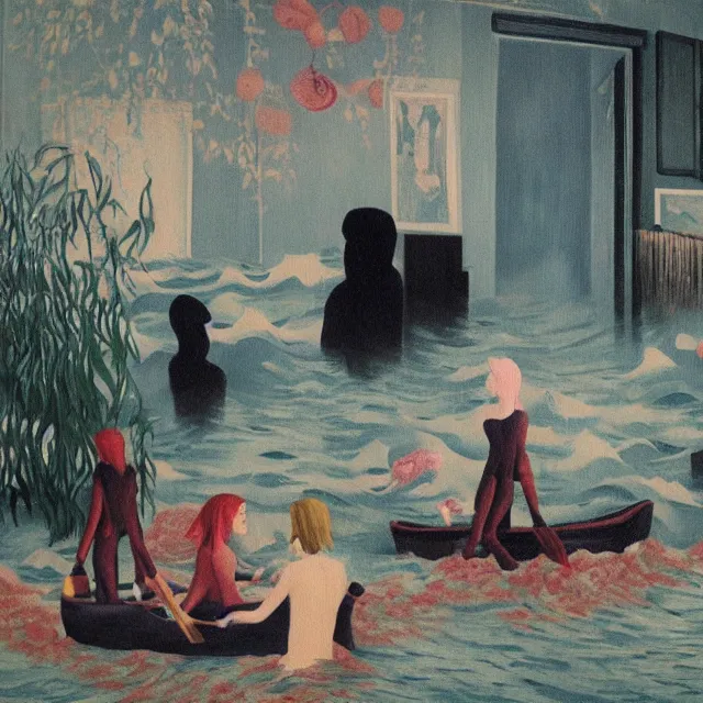 Image similar to tall female emo artists in their flooded apartment, painting of flood waters inside an artist's home, a river flooding indoors, pomegranates, pigs, ikebana, zen, water, octopus, river, rapids, waterfall, black swans, canoe, berries, acrylic on canvas, surrealist, by magritte and monet