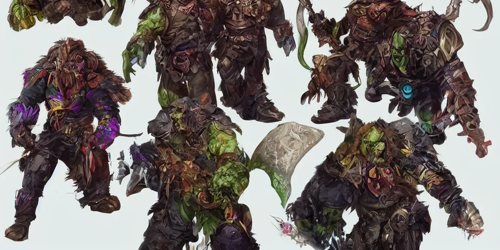 Image similar to different views of orcs, colourful intricate!! concept art by senior character artist, trending on artstation, full body character design