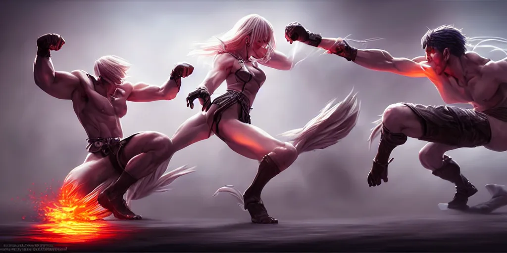 Image similar to hyper realistic fantasy fight scene, concept art, by artgerm