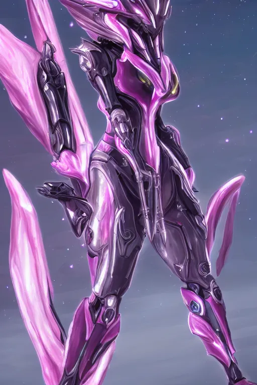 Image similar to galactic sized detailed elegant beautiful stunning quality giantess hot saryn prime warframe anthro mecha female dragon goddess, pink body, sleek metal head, sleek visor, smooth pink skin, sleek silver armor, bigger than galaxy, epic proportions, epic scale, epic size, warframe fanart, furry, dragon art, goddess, giantess, furaffinity, octane