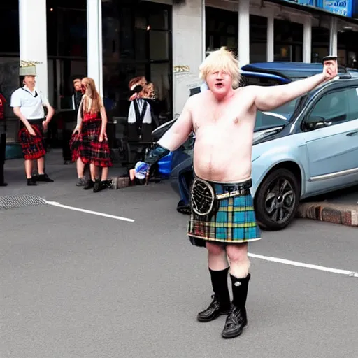 Image similar to boris johnson wearing a kilt, drinking beer and dancing on a parking lot next to a car