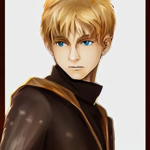 Prompt: solo portrait of blonde boy with golden eyes wearing a brown cape, anime screenshot, mappa studio artstyle, hyper realistic, pale skin, 4 k, rule of thirds, extreme detail, detailed drawing, trending artstation, hd, fantasy, realistic lighting, sharp focus, backlit,