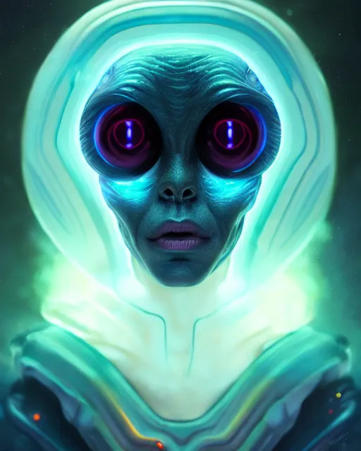 Prompt: one singular portrait of a bioluminescent alien creature with big glowing eyes, highly detailed, digital painting, cinematic, hyper realism, dark retrowave, art by Stanley Lau and Artgerm and magali villeneuve and Alphonse Mucha, artstation, octane render, cgsociety