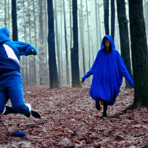 Prompt: man wearing blue hood kicking a witch in a forest, 1 9 9 1, movie still