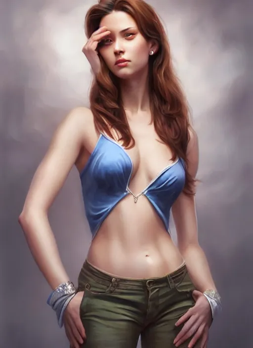 Image similar to full length photo of a gorgeous young woman in the style of stefan kostic, realistic, sharp focus, 8k high definition, insanely detailed, intricate, elegant, art by stanley lau and artgerm