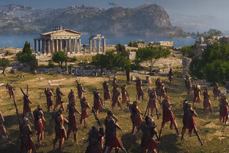 Prompt: ancient greek city in the style of assassins creed odyssey hd wallpaper, spartans train for war