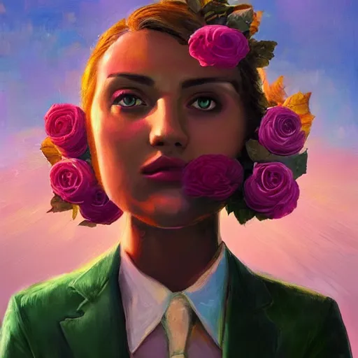 Image similar to closeup, huge rose flower face, frontal, girl in suit, surreal photography, sunrise, dramatic light, impressionist painting, digital painting, artstation, simon stalenhag