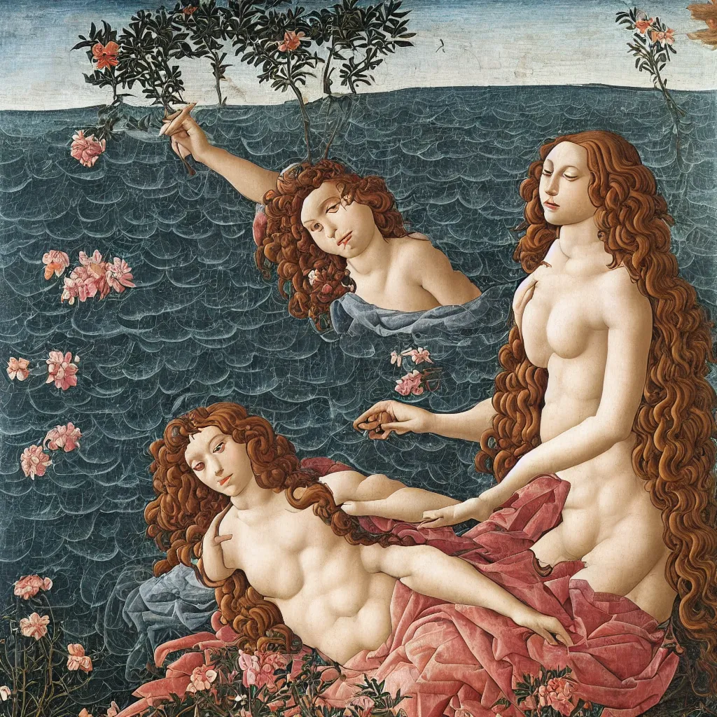 Image similar to an hyperrealistic mythological oil painting of a beautiful woman with long curly brown hair, full body, wearing floral chiton, sleeping in a giant scallop shell near the seashore, intricate, elegant, renaissance style, by sandro botticelli