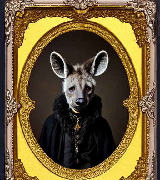 Image similar to professional studio photo portrait of anthro anthropomorphic spotted hyena head animal person fursona wearing elaborate pompous royal king robes clothes gold frame by Louis Daguerre daguerreotype tintype