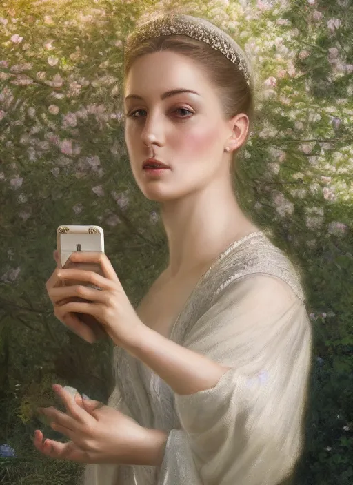 Prompt: upper body portrait of a beautiful maiden in an expensive victorian dress holding taking a selfie in a royal garden, award winning, masterpiece digital painting by greg rutkowski, alex grey, artstation, 4 k wallpaper,