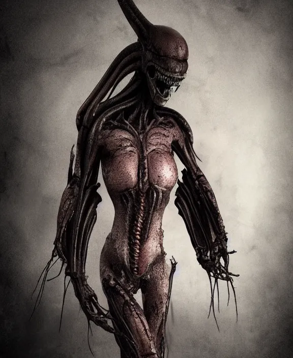 Image similar to xenomorph hugging pale sad beauty merging, dark mist colors, giger background liminal void, digital art, cinematic lighting, realistic, award winning photograph, various refining methods, micro macro autofocus