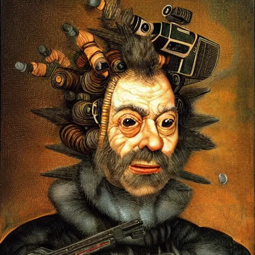 Image similar to a portrait of rick sanchez using a teleportation gun by giuseppe arcimboldo