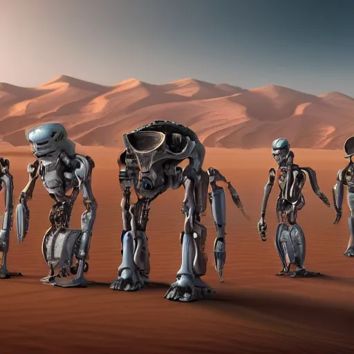 Prompt: painting of different buried biomechanical robots in the desert, oasis, 4 k. cinematic. epic.