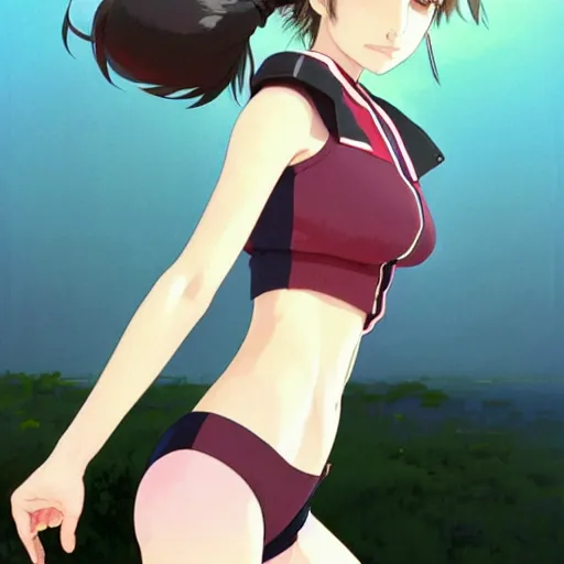 Image similar to a beautiful! boyish! natalie portman alluring gravure! model, wearing oversized mayan bomber jacket and leotard with overalls, bulky poofy bomber jacket with mayan patterns, gapmoe yandere grimdark, trending on pixiv fanbox, painted by greg rutkowski makoto shinkai takashi takeuchi studio ghibli, akihiko yoshida