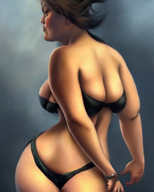 Prompt: upper body portrait of a gorgeous woman, bbw, muscular, wearing bikini. oil on canvas, black oil bath, illustration. beautiful face!!! in the style of charlie bowater, alain aslan, karol bak.