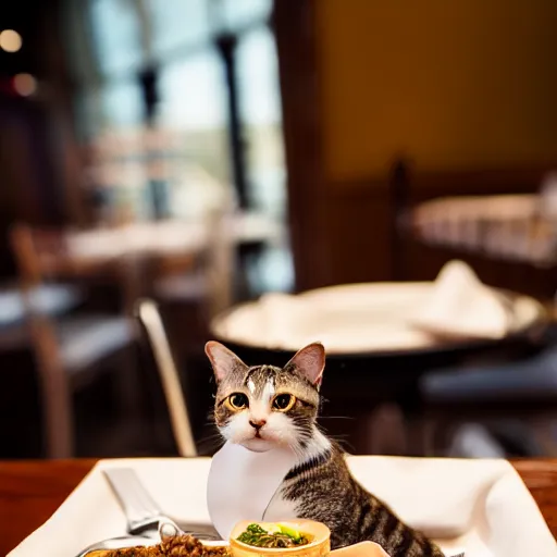 Image similar to A photo of a cat wearing a bowtie sitting in a fancy and expensive gourmet restaurant and eating a plate of cat food. f/2.8, dim lighting, award winning photo