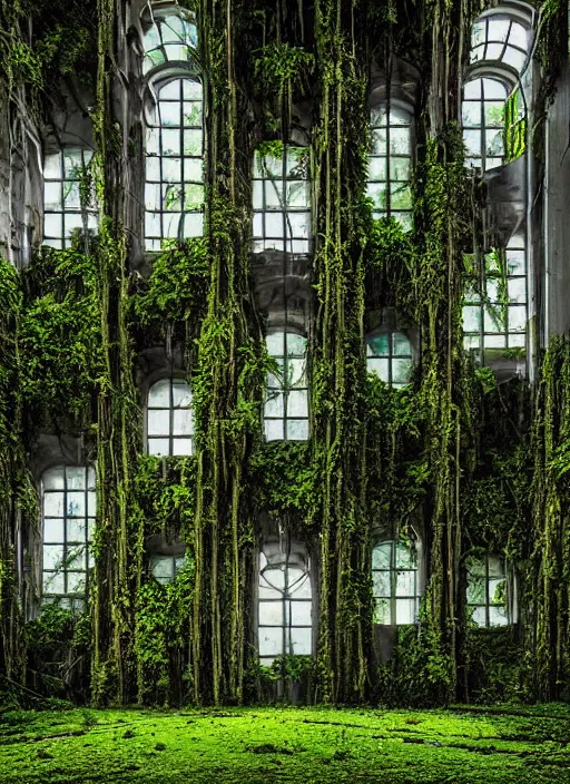 Image similar to “derelict architecture single building , the windows are covered in moss with growing vines, building designed by architect Zaha Hadid, architecture digest, building surrounded in a luxury environment, bright tones, fluorescent lighting,volumetric Lighting, photorealism, high detail, golden ratio, cinematic, octane renderer”