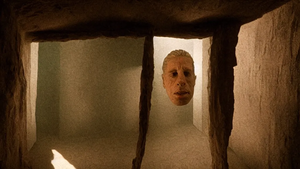 Prompt: the giant head inside the upside down house, film still from the movie directed by denis villeneuve and david cronenberg, with art direction by salvador dali, wide lens