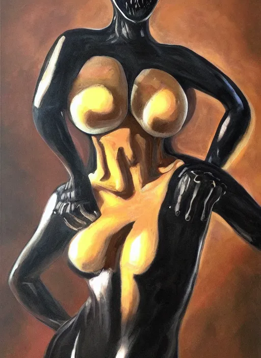 Prompt: oil painting of female monster full figure made out of black latex, full body armor, horror