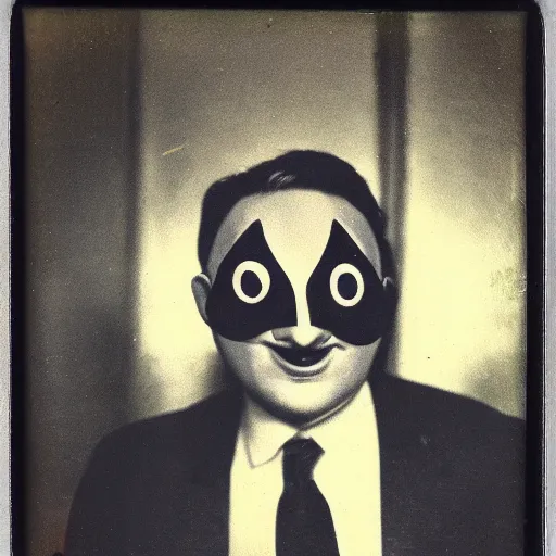 Prompt: a Polaroid photo of a man in a suit wearing a Venetian Pierrot mask