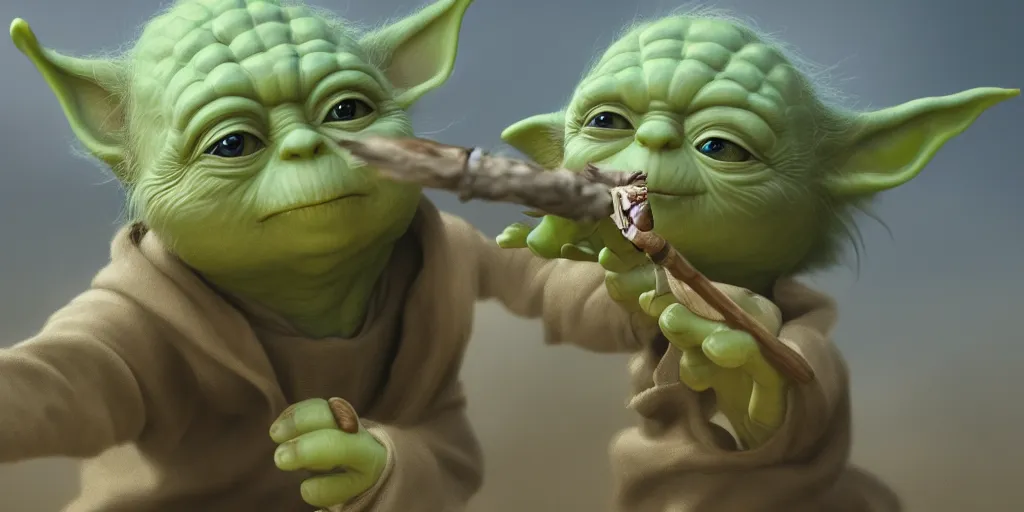 Image similar to Yoda smacking a seagull with a stick, hyperdetailed, artstation, cgsociety, 8k