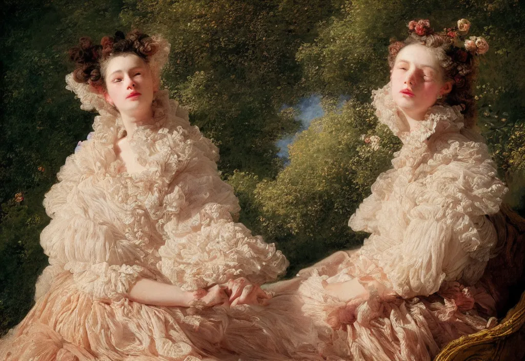 Image similar to fashion editorial portrait by Jean-Honoré Fragonard. outdoor. highly detailed. 8k. depth of field. photography