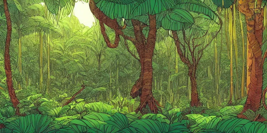 Image similar to wide view on jungle forest with large trees by moebius, clean line, colorful comics style, artstation