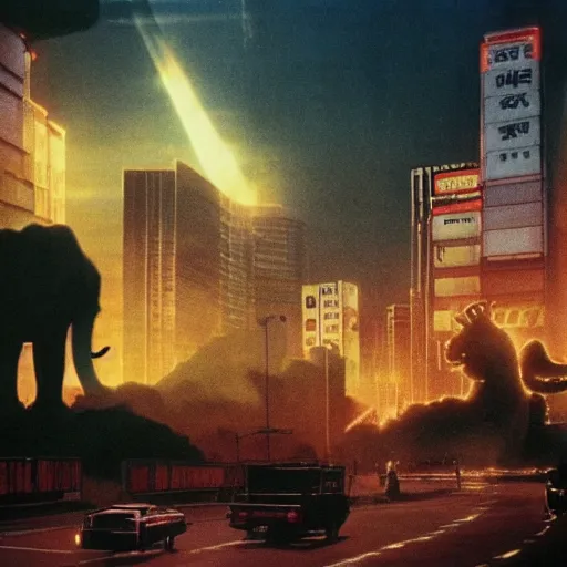 Image similar to giant elephant destroying tokyo in the style of the movie godzilla, cinematic lighting, cinematic framing and shadows 1 9 7 0 s aesthetic