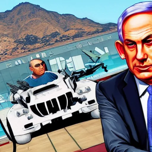 Image similar to benjamin netanyahu in a GTA v cover art